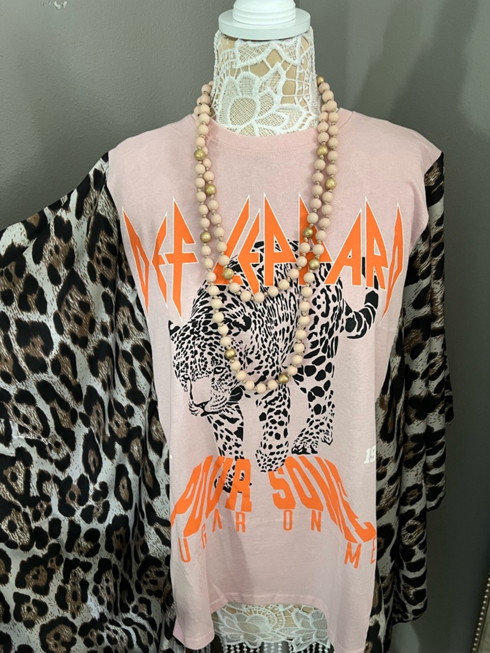 Handmade Def Leppard Graphic with Animal Print Kimono sleeves - NWOT